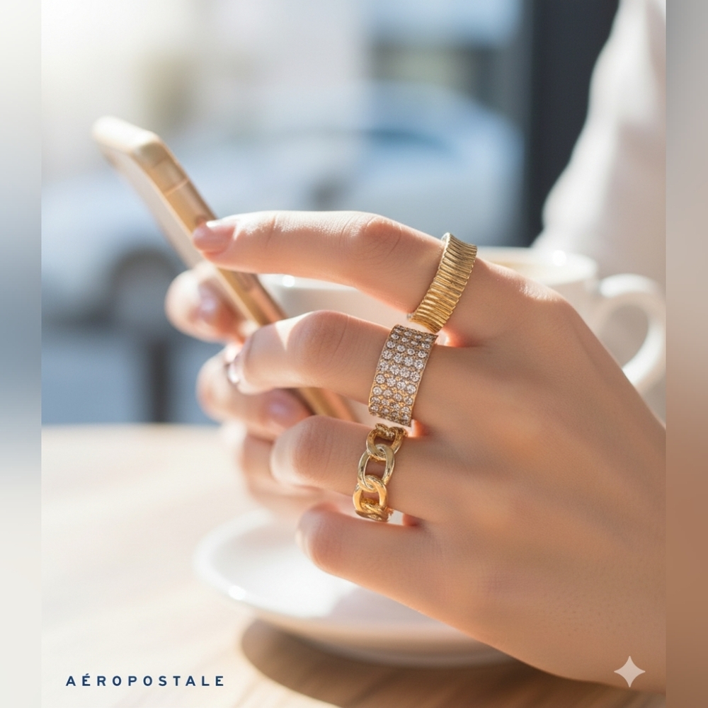 Aeropastle 3pk Rings gold chain/crystal